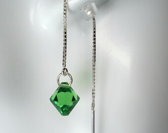 Green Bicone Crystals on Sterling Ear Threads-Threader Earrings or Necklace-FREE SHIPPING To U.S