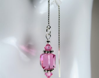 Pink Swarovski Crystals  on Sterling Threader Earrings or Necklace--Ear Threads-FREE SHIPPING to U.S.