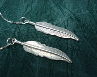 Silver Feathers on Sterling Ear Threads- Threader Earrings or Necklace-FREE SHIPPING To US