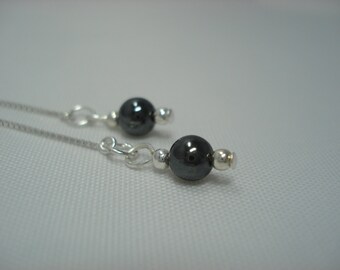 Round Hematite Beads on Sterling Threader Earrings or Necklace-Ear Threads-FREE SHIPPING to U.S.