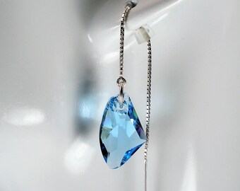 Sterling Silver  and Blue Crystal Ear Threads- Threader Earrings or Necklace-FREE SHIPPING To U.S.-