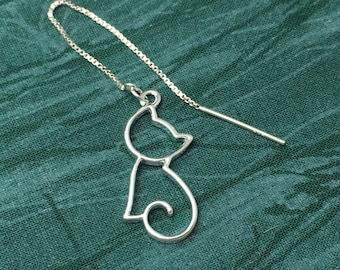 Sterling Silver Cat Outline Threader Earrings – Minimalist Dangle Jewelry