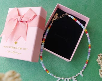 Personalized Name Necklace: Pink Shell Beads, Mother-of-Pearl Letter Charms