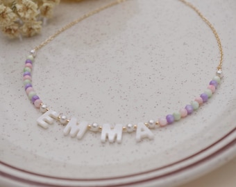 Personalized Kids Name Necklace: Mother-of-Pearl Letter Beads, 14K Gold-Filled