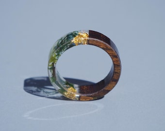 Wood Resin Ring with Gold Leaf & Moss | Nature Inspired Summer Jewelry | Eco Forest Ring for Women | Boho Vacation ring | Summer ring
