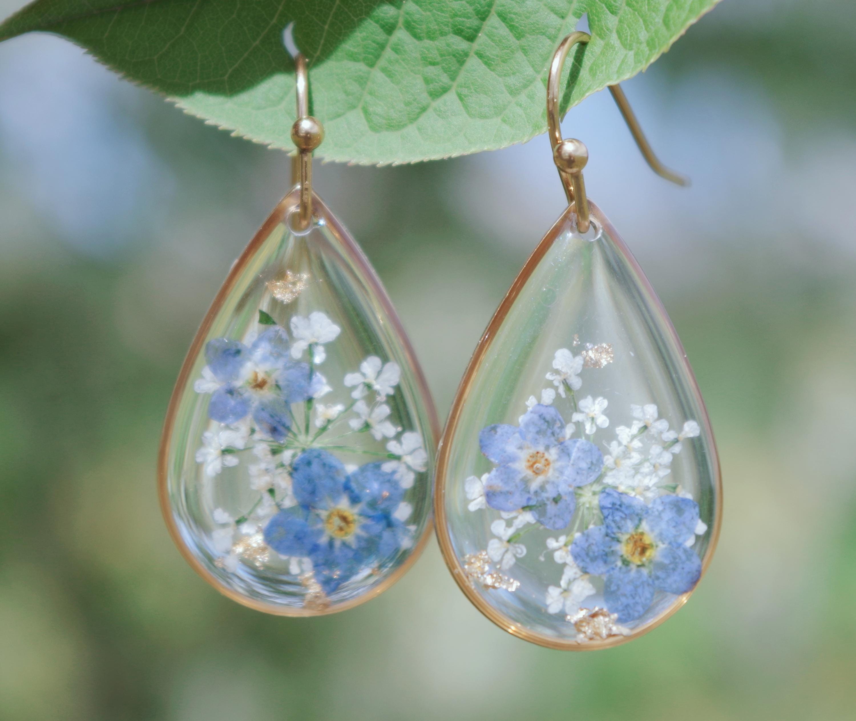 Forget Me Not Flower Teardrop Earrings – Pressed Flower Dangle Earrings For Women (Silver) - View #7