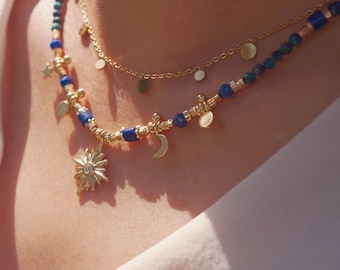 Sunburst Lapis Layered Necklace, Boho natural Stone Choker with Charms, Celestial Pendant Necklace, Festival Jewelry Gift, vacation jewelry