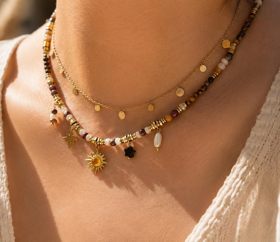 Tiger Eye Layered Necklace Set: Boho Gemstone Choker, Gold Disc Chain