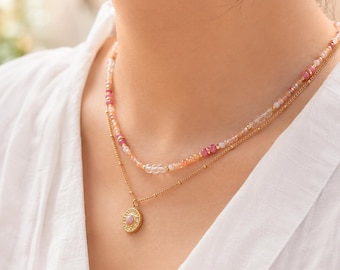 Dainty Layered Necklace Set, Dopamine Color Necklace, Everyday Summer Jewelry for Women,Pink Beaded Necklace, Peach Crystal Gemstone Choker