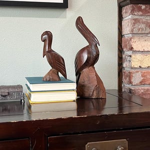 Hand-Carved Wooden Pelican Sculptures Set of 2