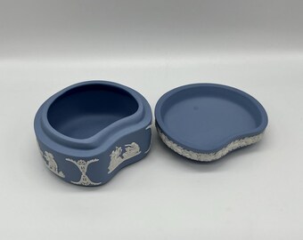 Vintage Wedgwood Blue Jasperware Kidney Trinket Box, Floral and Cherub Relief Design