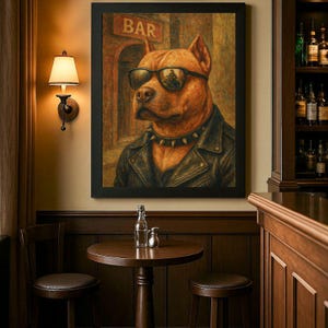 May include: A painting of a brown pit bull wearing sunglasses and a black leather jacket. The dog is looking to the left and the background is a blurry image of a bar with the word "BAR" above the entrance.