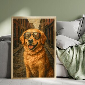 May include: A golden retriever dog wearing sunglasses sits in a cobblestone alleyway. The dog is looking directly at the camera with a happy expression. The alleyway is lined with brick buildings.