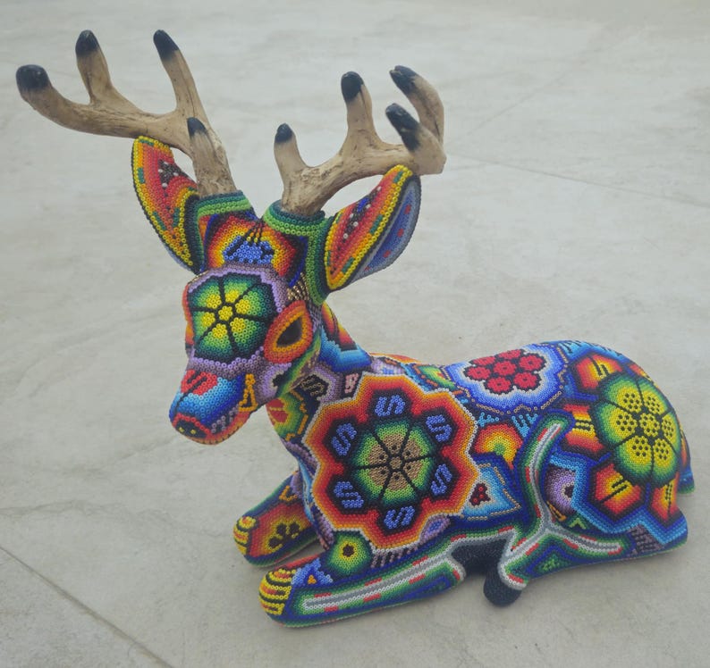 Beautiful colorful male Huichol Deer, handmade, beaded, traditional Mexican  folk art