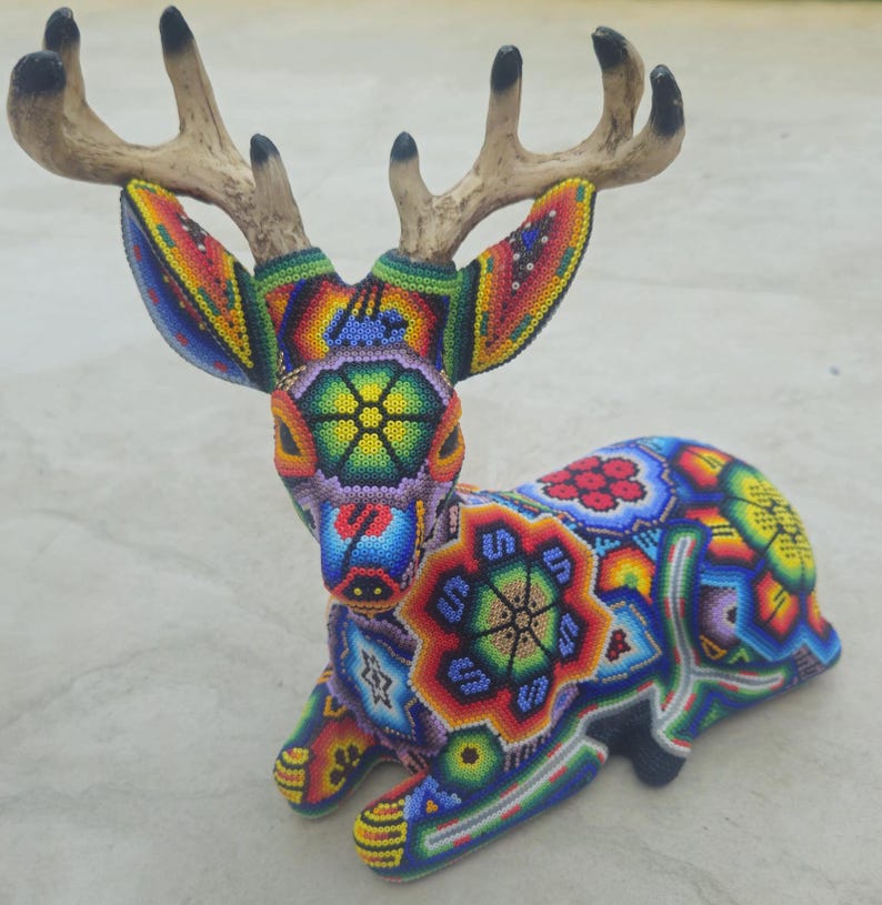 Beautiful colorful male Huichol Deer, handmade, beaded, traditional Mexican  folk art