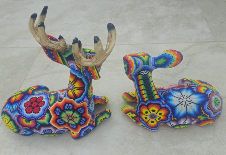 Beautiful colorful male Huichol Deer, handmade, beaded, traditional Mexican  folk art