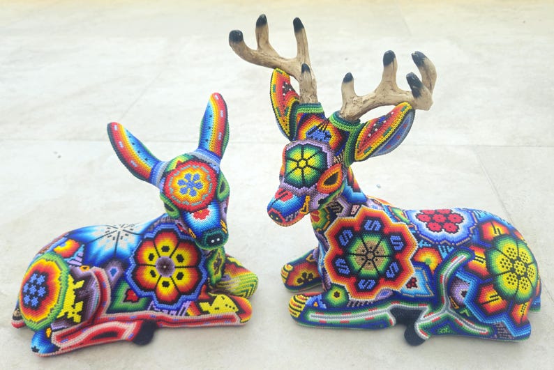 Beautiful colorful male Huichol Deer, handmade, beaded, traditional Mexican  folk art