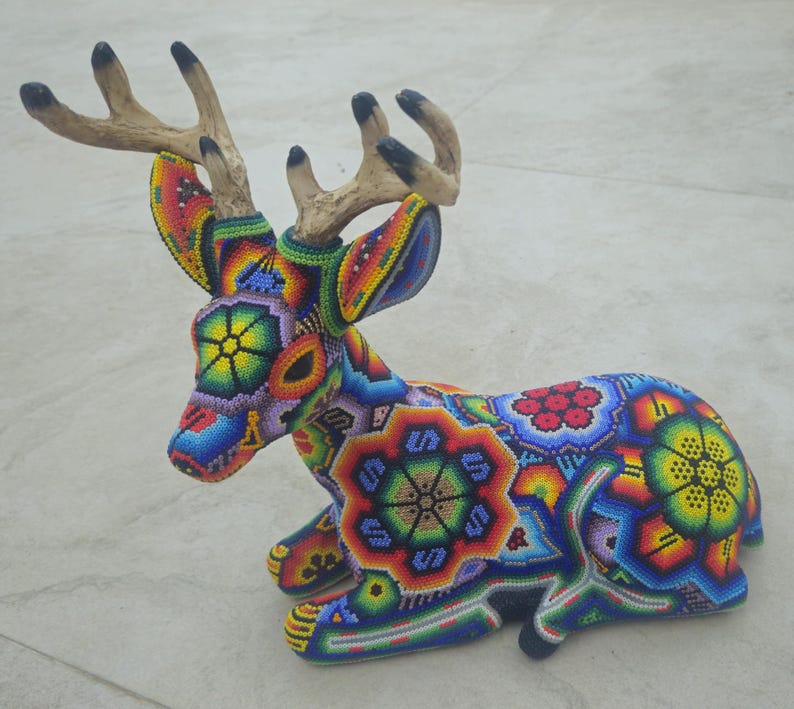Beautiful colorful male Huichol Deer, handmade, beaded, traditional Mexican  folk art
