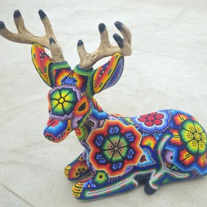 Beautiful colorful male Huichol Deer, handmade, beaded, traditional Mexican  folk art