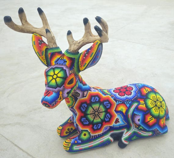 Huichol MALE DEER figure, large deer, colorful, beaded, Mexican folk art