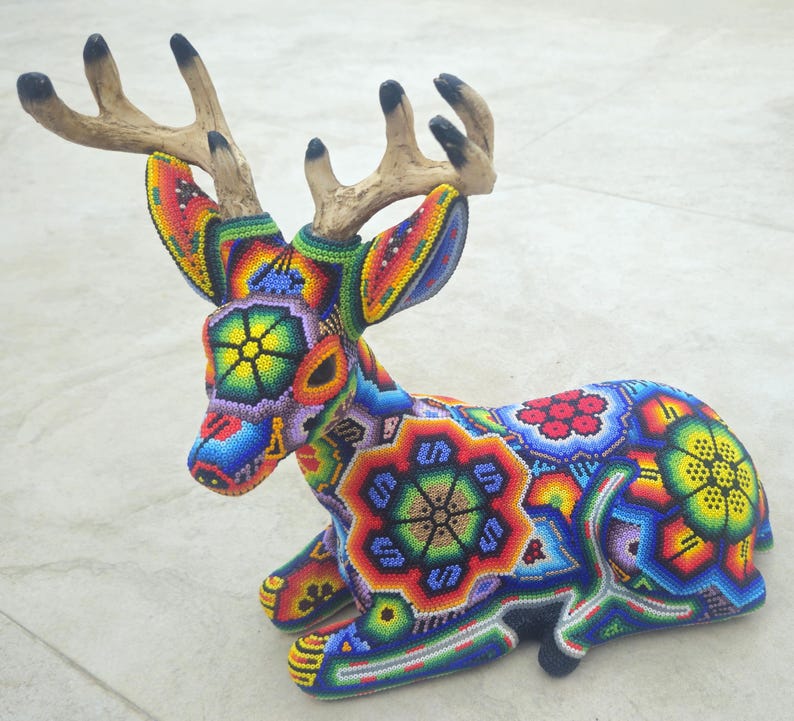 Beautiful colorful male Huichol Deer, handmade, beaded, traditional Mexican  folk art