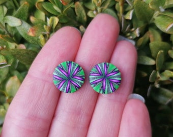 Millefiori Green Pink Fimo Stud Earrings ~ Handmade Polymer Clay ~ Stainless Steel ~ Hypo Allergenic ~ Sensitive Ears