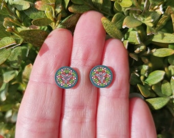 Kaleidoscope Stud Earrings ~ Green, Intricate Millefiori Design ~ Handmade Polymer Clay ~ Stainless Steel ~ Hypo Allergenic ~ Sensitive Ears