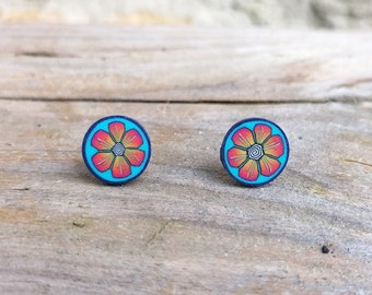 Orange Flower Stud Earrings, Turquoise Blue, Handmade Fimo Polymer Clay, Stainless Steel, Hypo Allergenic