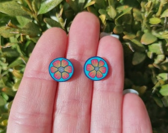 Orange Flower Stud Earrings ~ Turquoise Blue ~ Handmade Polymer Clay Creations ~ Made in UK ~ Stainless Steel ~ Hypo Allergenic