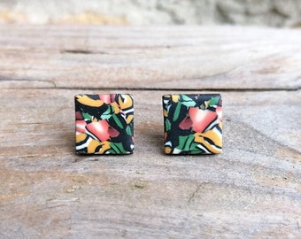 Abstract Square Fimo Stud Earrings, Handmade Polymer Clay, Orange Black Green, Stainless Steel, Hypo Allergenic, Millefiori Design