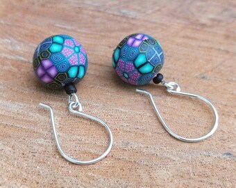 Kaleidoscope Bead Drop Earrings Pink Green Sterling Silver Fimo Clay