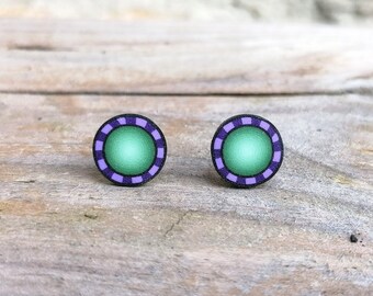 Green Blend Fimo Stud Earrings, Handmade Polymer Clay, Stainless Steel, Hypo Allergenic, Millefiori Design