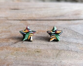 Abstract Star Fimo Stud Earrings, Handmade Polymer Clay, Orange, Green, Brown and Black, Stainless Steel, Hypo Allergenic, Millefiori Design