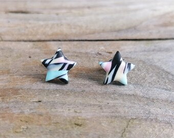 Pastel Star Fimo Stud Earrings, Handmade Polymer Clay, Pink and Black, Stainless Steel, Hypo Allergenic, Millefiori Design