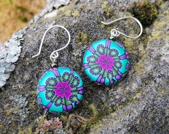 Fimo Clay Kaleidoscope Lentil Bead Drop Earrings, Green Pink, Sterling Silver