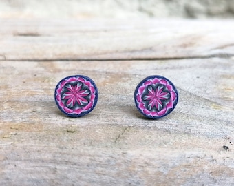 Mandala Fimo Polymer Clay Stud Earrings, Round Pink Grey Blue, Hypo Allergenic, Millefiori Design