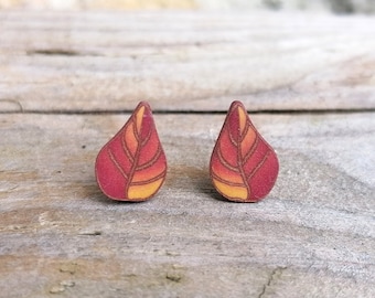 Brown Leaf Fimo Polymer Clay Stud Earrings, Hypo Allergenic, Millefiori Design