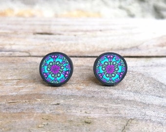 Kaleidoscope Fimo Cane Slice Stud Earrings, Green pink turquoise, Intricate Millefiori, Handmade Polymer Clay, Stainless Steel