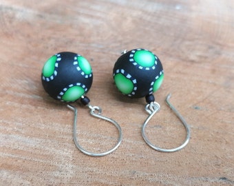 Green Bead Drop Earrings Blended Cane Sterling Silver Fimo Clay