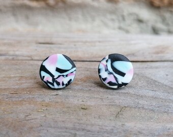 Pastel Round Fimo Stud Earrings, Handmade Polymer Clay, Pink and Black, Stainless Steel, Hypo Allergenic, Millefiori Design