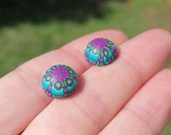 Millefiori Domed Fimo Stud Earrings, Green Pink, Handmade Polymer Clay, Stainless Steel, Hypo Allergenic