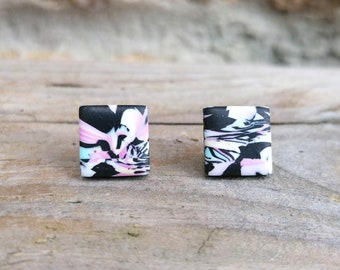 Pastel Square Fimo Stud Earrings, Handmade Polymer Clay, Pink and Black, Stainless Steel, Hypo Allergenic, Millefiori Design