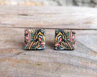 Abstract Square Fimo Stud Earrings, Handmade Polymer Clay, Orange and Black, Stainless Steel, Hypo Allergenic, Millefiori Design