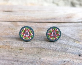 Kaleidoscope Fimo Polymer Clay Stud Earrings, Green, Hypo Allergenic, Millefiori Design, Small