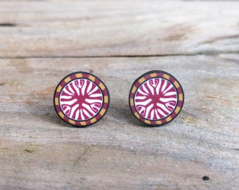 Millefiori Fimo Stud Earrings, Celtic Burgundy Red Ocre Yellow White, Handmade Polymer Clay, Stainless Steel, Hypo Allergenic, Medium