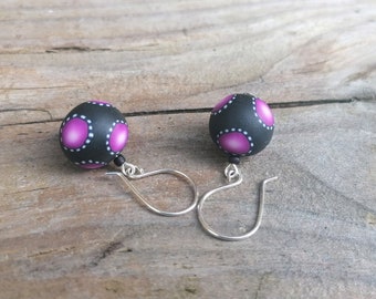 Pink Bead Dangley Earrings, Blended Millefiori Cane, Sterling Silver, Fimo Polymer Clay