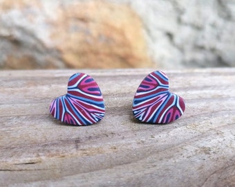 Polymer Clay Heart Stud Earrings, Burgundy Pink Blue, Medium Size