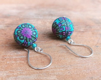 Kaleidoscope Bead Drop Earrings Pink Tuquoise Green Sterling Silver Fimo Clay