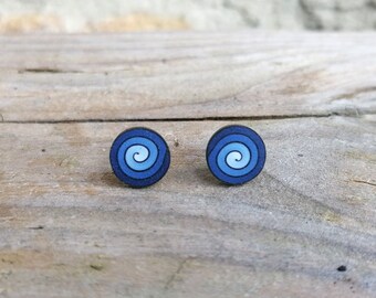 Blue Spiral Fimo Stud Earrings, Handmade Polymer Clay, Stainless Steel, Hypo Allergenic, Blended Millefiori Cane Design