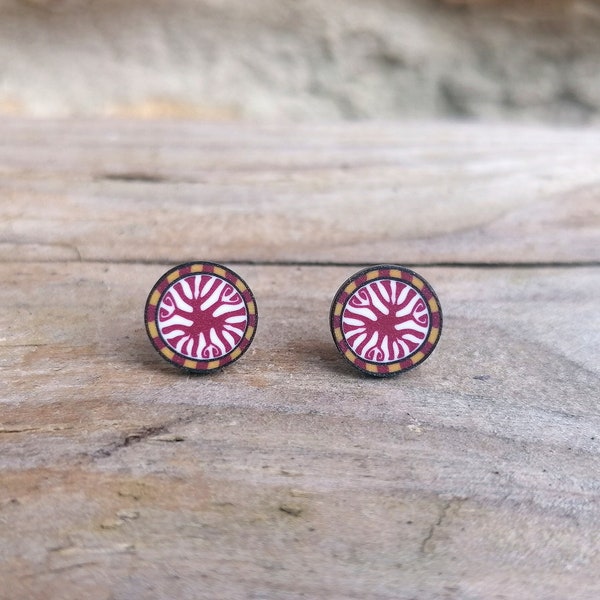 Millefiori Fimo Stud Earrings, Celtic Burgundy Red Ocre Yellow White, Handmade Polymer Clay, Stainless Steel, Hypo Allergenic, Small